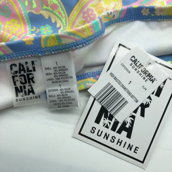 California Sunshine Cinched Swim Bikini Bottom High Waisted Paisley Colorful 1X - Picture 6 of 6